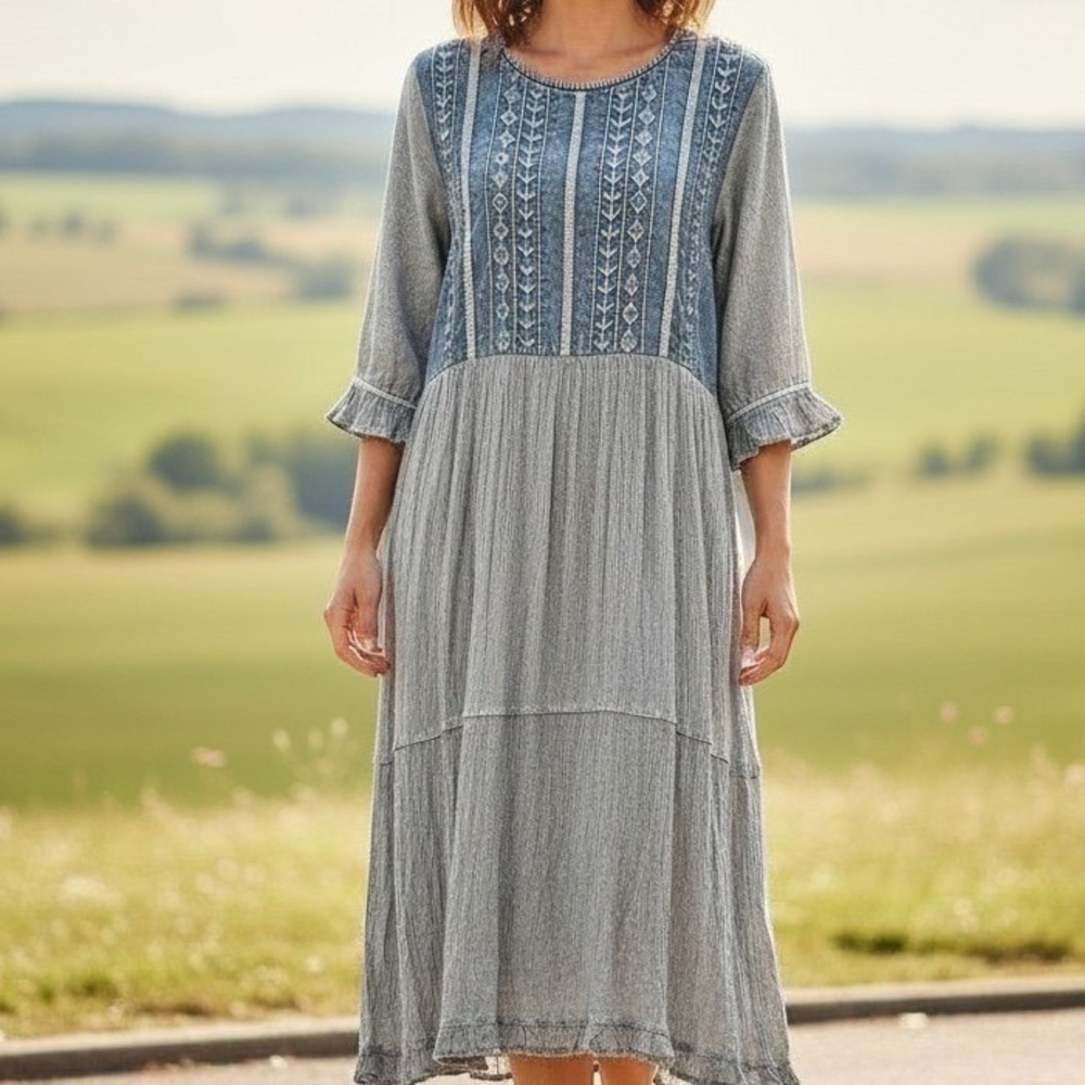 Young Threads Wisteria Midi Dress XL Grey NWT Embroidered Crinkle Tiered Boho